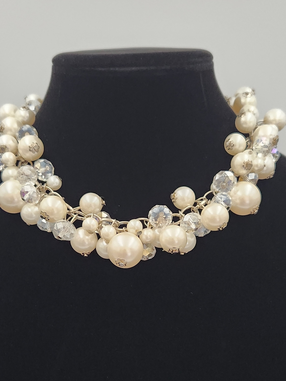 White Faux Pearl Cluster And Crystal Beads Statement Necklace